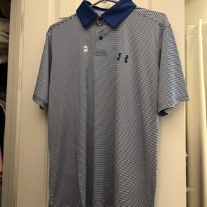 NWT Under Armour Men's Navy and White Striped Polo. UPF 50